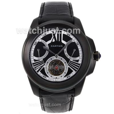 Cartier Calibre de Cartier Tourbillon Automatic PVD Case with Black Dial-Leather Strap