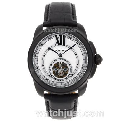 Cartier Calibre de Cartier Tourbillon Automatic PVD Case with White Dial-Leather Strap