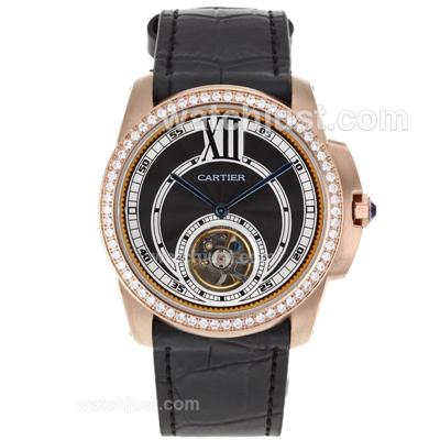 Cartier Calibre de Cartier Tourbillon Automatic Rose Gold Case Diamond Bezel with Black Dial-Leather Strap