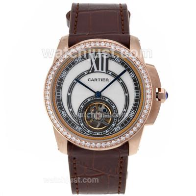 Cartier Calibre de Cartier Tourbillon Automatic Rose Gold Case Diamond Bezel with White Dial-Leather Strap