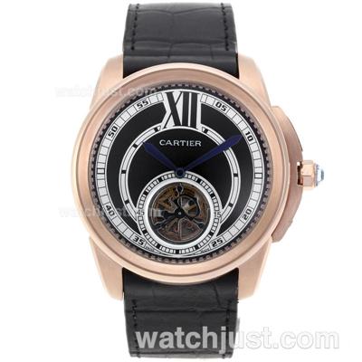 Cartier Calibre de Cartier Tourbillon Automatic Rose Gold Case with Black Dial-Leather Strap