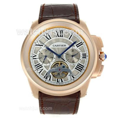 Cartier Calibre de Cartier Tourbillon Automatic Rose Gold Case with Gray Dial-Leather Strap