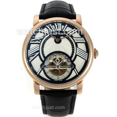 Cartier Calibre de Cartier Tourbillon Automatic Rose Gold Case with White Dial-Leather Strap