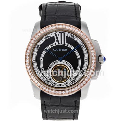 Cartier Calibre de Cartier Tourbillon Automatic Two Tone Case Diamond Bezel with Black Dial-Leather Strap