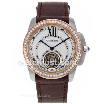 Cartier Calibre de Cartier Tourbillon Automatic Two Tone Case Diamond Bezel with White Dial-Leather Strap