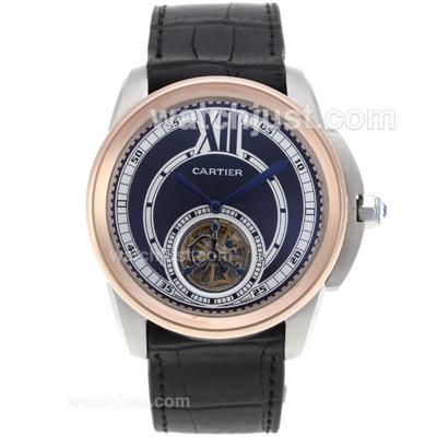 Cartier Calibre de Cartier Tourbillon Automatic Two Tone Case with Black Dial-Leather Strap