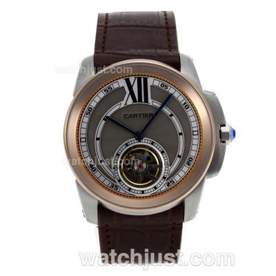 Cartier Calibre de Cartier Tourbillon Automatic Two Tone Case with Gray Dial-Leather Strap