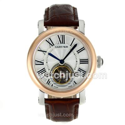 Cartier Calibre de Cartier Tourbillon Automatic Two Tone Case with White Dial-Leather Strap