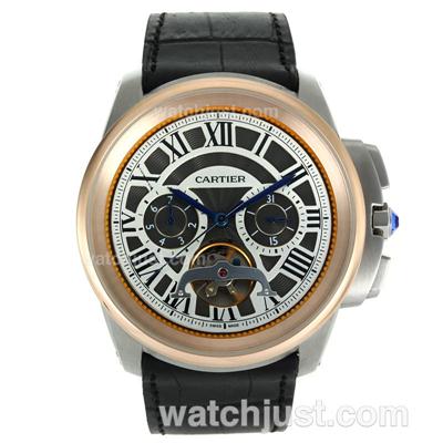 Cartier Calibre de Cartier Tourbillon Automatic Two Tone with Black Dial-Leather Strap