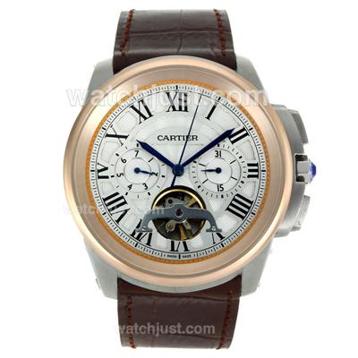 Cartier Calibre de Cartier Tourbillon Automatic Two Tone with White Dial-Leather Strap