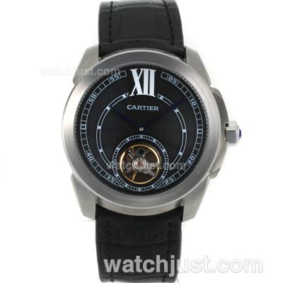 Cartier Calibre de Cartier Tourbillon Automatic with Black Dial-Black Leather Strap