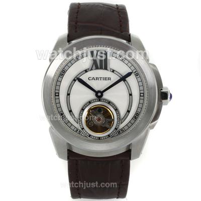 Cartier Calibre de Cartier Tourbillon Automatic with White Dial-Brown Leather Strap