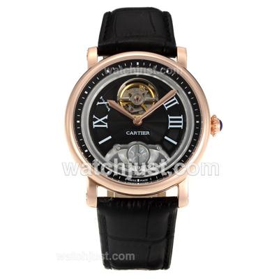 Cartier Calibre de Cartier Tourbillon Manual Winding Rose Gold Case with Black Dial-Leather Strap