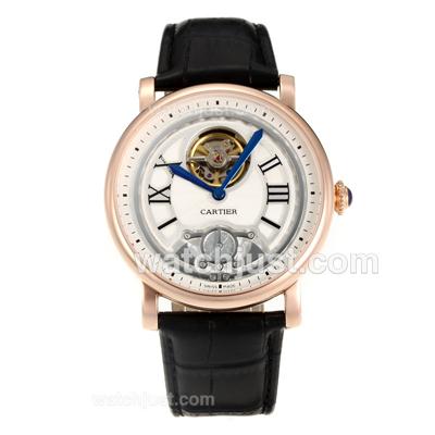 Cartier Calibre de Cartier Tourbillon Manual Winding Rose Gold Case with White Dial-Black Leather Strap