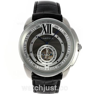 Cartier Calibre de Cartier Tourbillon Manual Winding with Black Dial-Leather Strap