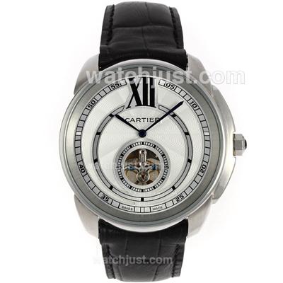 Cartier Calibre de Cartier Tourbillon Manual Winding with White Dial-Leather Strap