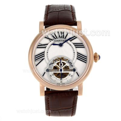 Cartier Calibre de Cartier Tourbillon Rose Gold Case with White Dial-Leather Strap