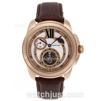 Cartier Calibre de Cartier Tourbillon Working Moonphase Automatic Rose Gold Case with White Dial-Leather Strap