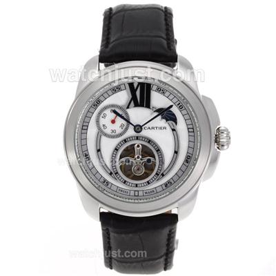 Cartier Calibre de Cartier Tourbillon Working Moonphase Automatic with White Dial-Leather Strap