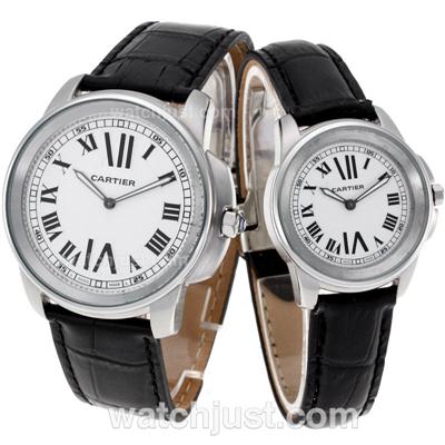 Cartier Calibre de Cartier White Dial with Leather Strap - Couple Watch