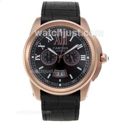 Cartier Calibre de Cartier Working Chronograph Rose Gold Case with Black Dial-Leather Strap