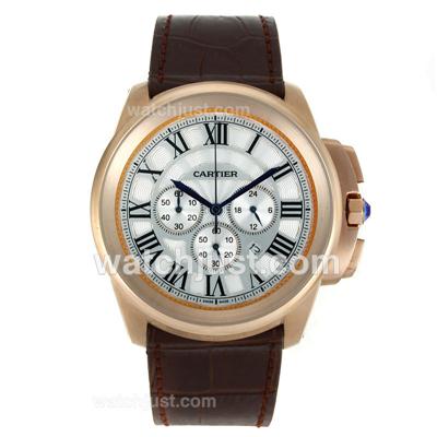 Cartier Calibre de Cartier Working Chronograph Rose Gold Case with White Dial-Leather Strap