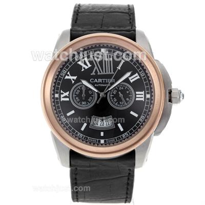 Cartier Calibre de Cartier Working Chronograph Two Tone Case with Black Dial-Leather Strap