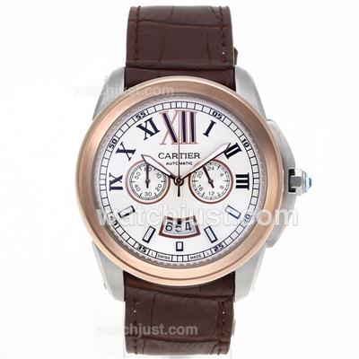 Cartier Calibre de Cartier Working Chronograph Two Tone Case with White Dial-Leather Strap