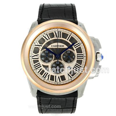 Cartier Calibre de Cartier Working Chronograph Two Tone with Black Dial-Leather Strap