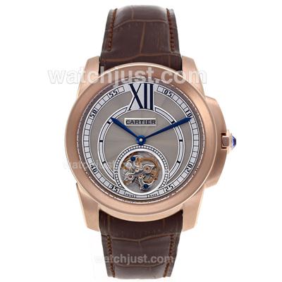 Cartier Calibre de Cartier Working Tourbillon Manual Winding Rose Gold Case with Gray Dial-Leather Strap