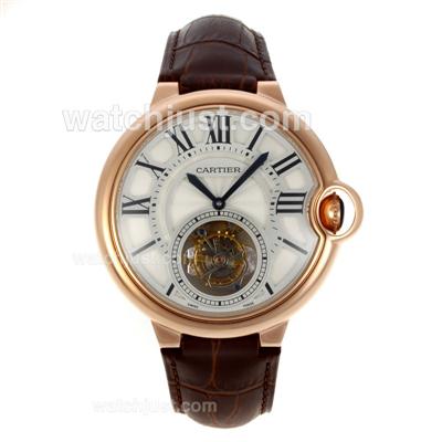 Cartier Calibre de Cartier Working Tourbillon Manual Winding Rose Gold Case with White Dial-Brown Leather Strap