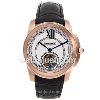 Cartier Calibre de Cartier Working Tourbillon Manual Winding Rose Gold Case with White Dial-Leather Strap