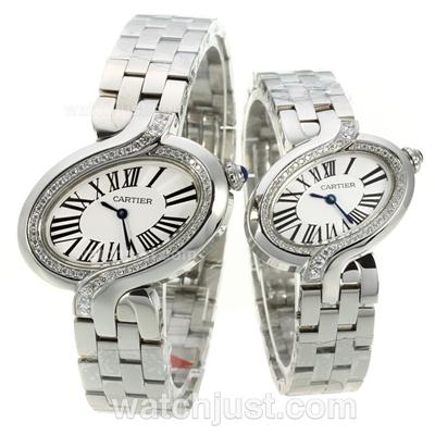 Cartier Delices de Cartier Diamond Bezel with White Dial-Sapphire Glass-Couple Watch