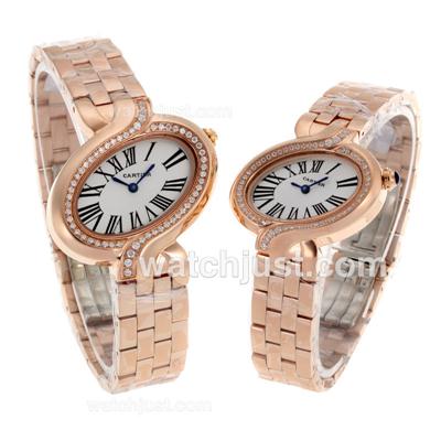 Cartier Delices de Cartier Full Rose Gold Diamond Bezel with White Dial-Roman Markers