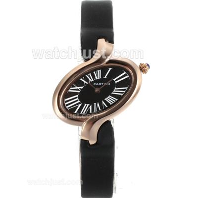 Cartier Delices de Cartier Rose Gold Case Roman Markers with Black Dial-Leather Strap