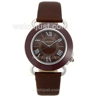 Cartier Classic Ceramic Bezel with Brown Dial-Leather Strap