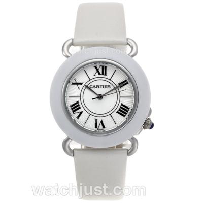 Cartier Classic Ceramic Bezel with White Dial-Leather Strap