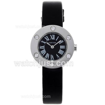 Cartier Classic Diamond Bezel Black Dial with Leather Strap-Lady Size