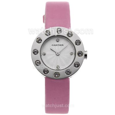 Cartier Classic Diamond Bezel Black Dial with Pink Leather Strap-Lady Size