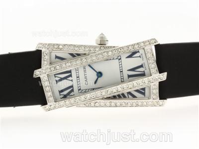 Cartier Classic Diamond Bezel White Dial with Black Leather Strap-Lady Size