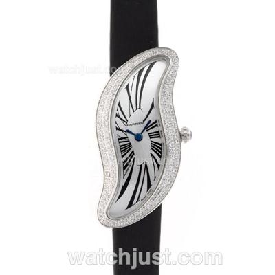 Cartier Classic Diamond Bezel White Dial with Leather Strap-Lady Size