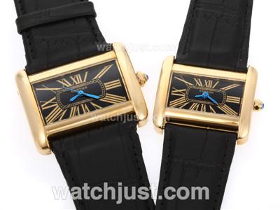 Cartier Classic Gold Case with Black Dial-Couple Watch
