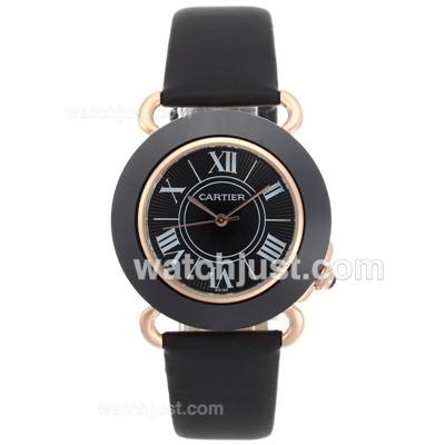 Cartier Classic Rose Gold Case Ceramic Bezel with Black Dial-Leather Strap