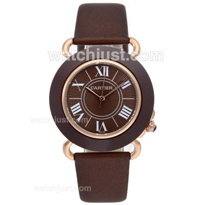 Cartier Classic Rose Gold Case Ceramic Bezel with Brown Dial-Leather Strap