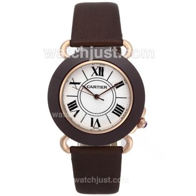 Cartier Classic Rose Gold Case Ceramic Bezel with White Dial-Leather Strap