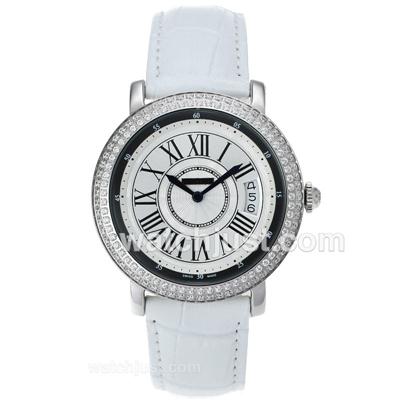 Cartier Classic Swiss ETA Movement Diamond Bezel with White Dial-Leather Strap