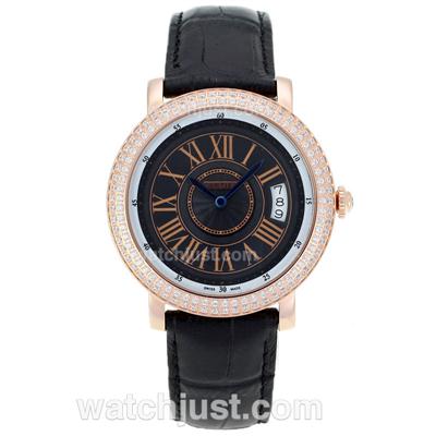 Cartier Classic Swiss ETA Movement Rose Gold Case Diamond Bezel with Black Dial-Leather Strap