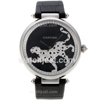 Cartier Panthere de Cartier Diamond Bezel with Black MOP Dial-Leather Strap