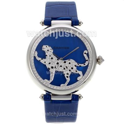 Cartier Panthere de Cartier Diamond Bezel with Blue MOP Dial-Leather Strap