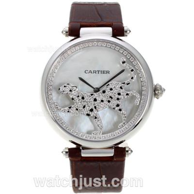Cartier Panthere de Cartier Diamond Bezel with White MOP Dial-Leather Strap